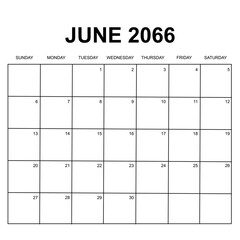 june 2066. monthly calendar design. week starts on sunday. printable, simple, and clean vector design isolated on white background.