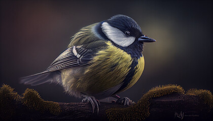 Obraz premium Parus major, Great tit perched on a tree branch, natural environment, blurred background. Generative AI