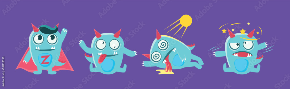 Poster funny monster character engaged in different activity vector set