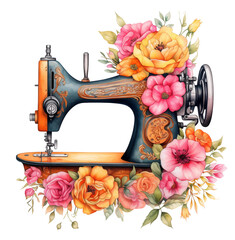  sewing machine vintage with beautiful flowers, watercolor illustration, clipart, sublimation png,