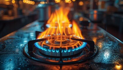 Vibrant blue gas stove flame, surrounded by orange flames on a stainless-steel cooktop - obrazy, fototapety, plakaty