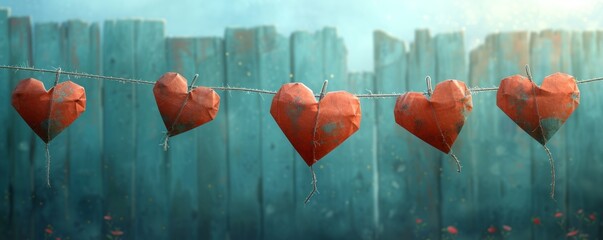 Row of handmade paper hearts on a clothesline, symbolic of love and creativity.