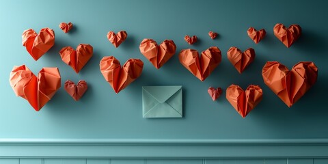 Origami hearts floating above an envelope, representing love letters and romantic gestures