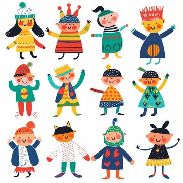 Variety of cartoon vector children in colorful outfits. A diverse group of cartoon children standing in row wearing various colorful outfits representing different styles and personalities 
