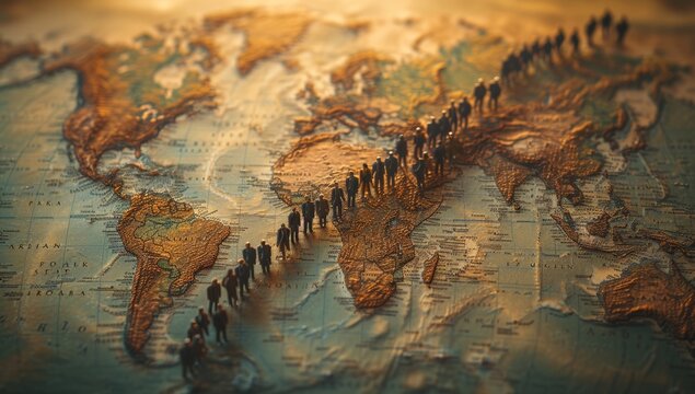 Silhouettes of people on a world map, representing global business, travel, or population.