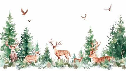 A stunning painting featuring majestic deer prancing through a lush forest, surrounded by playful birds chirping and fluttering around. Painting for interior decoration. Banner. Copy space. - obrazy, fototapety, plakaty