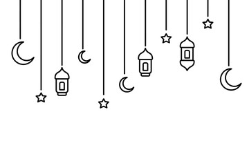 Garland for Ramadan. Crescent, star, lantern and Moroccan candlesticks. Sketch. Vector illustration. Outline on isolated background. Festive curtains on threads of different lengths. Doodle style. 