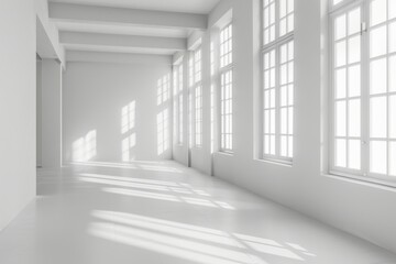 Empty White Room Background, Clean Blank Interior Mockup, Empty Space with Windows