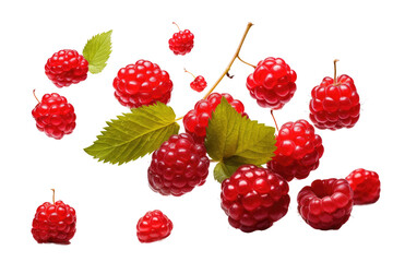 A Bunch of Raspberries With Leaves on a White Background. On a White or Clear Surface PNG Transparent Background.