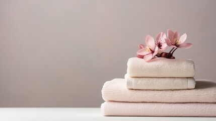 White terry towels in a stack on a white background, folded soft bath towels, cotton flowers. Bathroom.