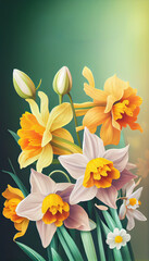 Obraz na płótnie Canvas Narcissus or daffodil spring bouquet, blur multicolour bokeh background. Beautiful vertical composition. Generative AI