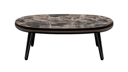A stylish marble top coffee table supported by sleek black legs, blending elegance and modernity