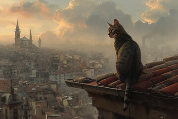 a cat on a tall building in the city - obrazy, fototapety, plakaty