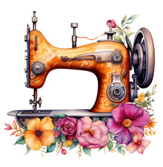 vintage sewing machine, beautiful flowers, watercolor illustration, clipart, 