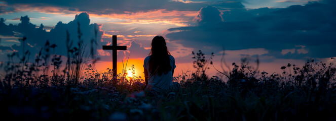 Sunset Serenity: Woman Silhouetted in Prayer by Cross on Grass
