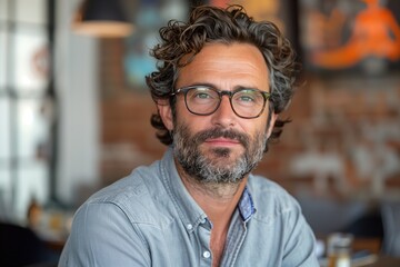 Man With Curly Hair and Glasses Sitting at a Table