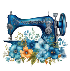  sewing machine vintage with beautiful flowers, watercolor illustration, clipart, sublimation png,