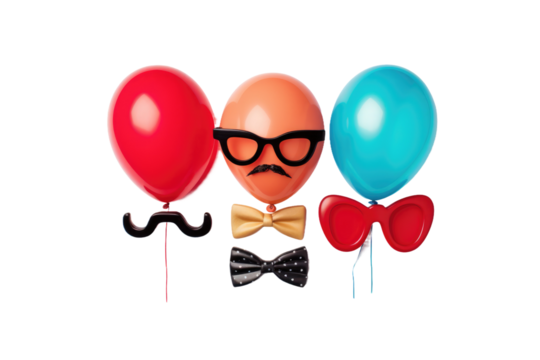 Group of Balloons With Mustache and Glasses. On a White or Clear Surface PNG Transparent Background.