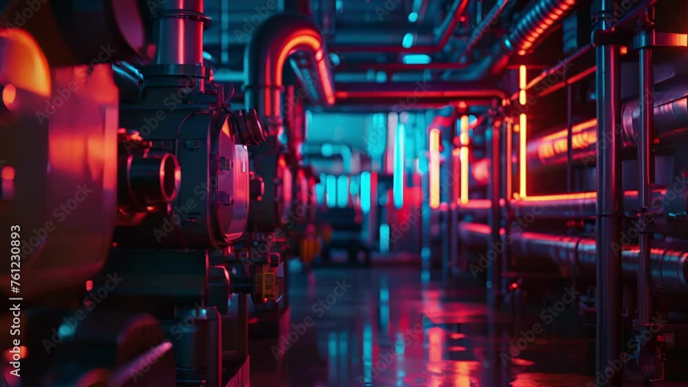 Poster the boiler room of a large building with rows of boilers and pipes extending out to different areas 