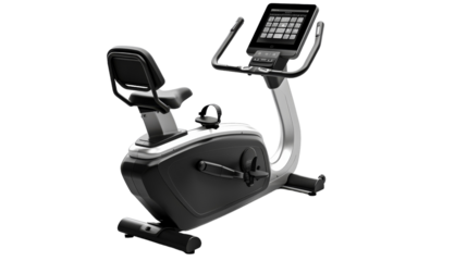 An exercise bike equipped with a tablet on its back for interactive workouts