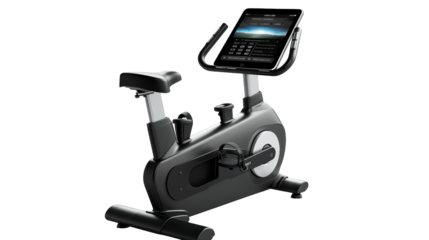 An exercise bike with a tablet for interactive workouts