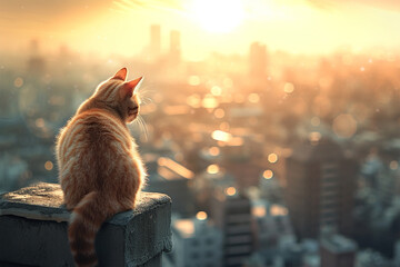 a cat on a tall building in the city - obrazy, fototapety, plakaty