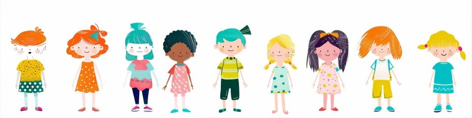 Fototapeta premium Variety of cartoon vector children in colorful outfits. A diverse group of cartoon children standing in row wearing various colorful outfits representing different styles and personalities 