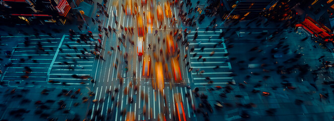 Urban Flow: Aerial Perspective of City Crosswalk Movement with Blurred Pedestrians - obrazy, fototapety, plakaty