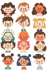 Fototapeta premium Variety of cartoon vector children in colorful outfits. A diverse group of cartoon children standing in row wearing various colorful outfits representing different styles and personalities 