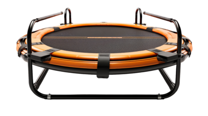 A black and orange trampoline bounces gracefully against a stark white backdrop