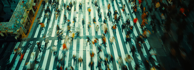 City hustle and bustle from above: Blurred crowd crossing streets in aerial view.