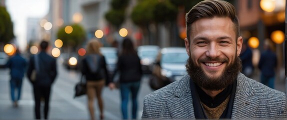 Young gay man in stylish clothes smiling happily