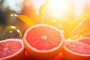 Half a grapefruit close-up in the sun, outdoors, nature