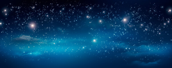 Fototapeta premium The night sky is a canvas of darkness painted with twinkling stars and wispy clouds drifting gracefully across the heavens, creating a mesmerizing celestial display. Banner. Copy space