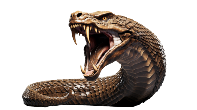 A large brown snake displaying aggression with its mouth wide open