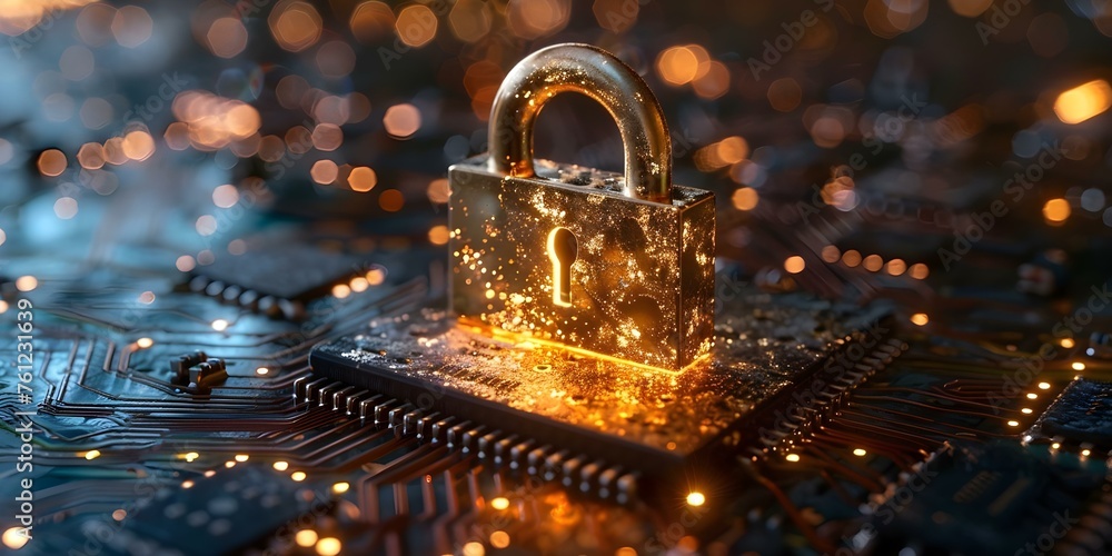 Poster cybersecurity concept: symbolic glowing padlock on circuit board. concept networking security, digit