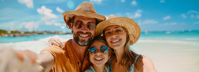 Joyful family captures special moments at the beach with a fun selfie session - 761231674