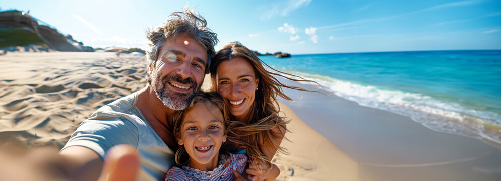 Joyful family capturing memories on the beach with a fun selfie session