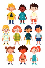 Variety of cartoon vector children in colorful outfits. A diverse group of cartoon children standing in row wearing various colorful outfits representing different styles and personalities 