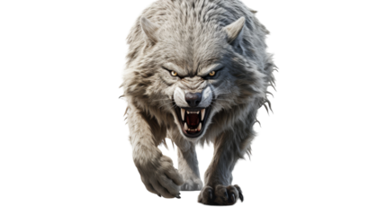 A majestic white wolf is sprinting with its jaws wide open in a mesmerizing display of strength and agility