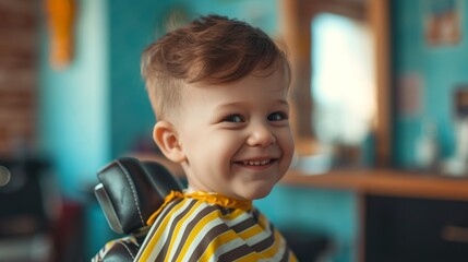 Smiling boy with stylish haircut in barbershop