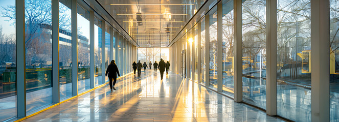 Busy professionals navigating through office corridors in a seamless transition between building walkways