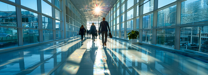 Busy professionals navigating office corridors in a seamless transition between building sections - obrazy, fototapety, plakaty