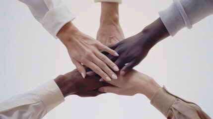 Multiple hands reach together in a gesture of unity and cooperation.