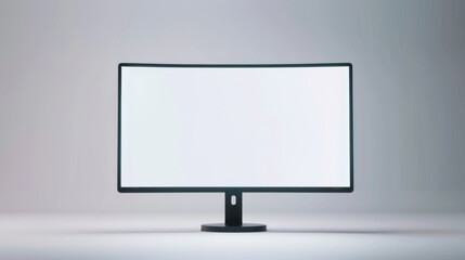A curved, widescreen monitor is mounted on a stand, centered against a clean white background, showcasing its modern design and technology. - obrazy, fototapety, plakaty