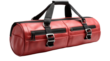 A stylish red leather duffel bag stands out against a clean white background