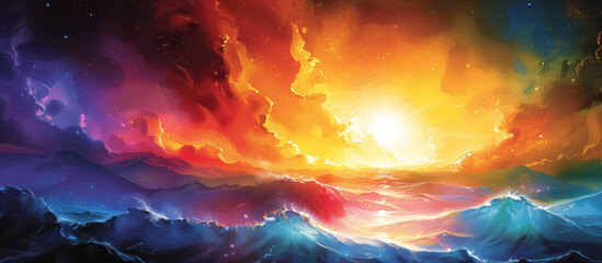 Vivid illustration of Earth's creation, a dynamic blend of celestial colors and radiant light evoking the Genesis narrative.
