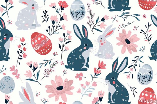 Cute hand drawn Easter horizontal seamless pattern with bunnies, flowers, easter eggs
