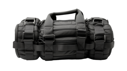 A black bag with multiple compartments and straps, ready for adventures