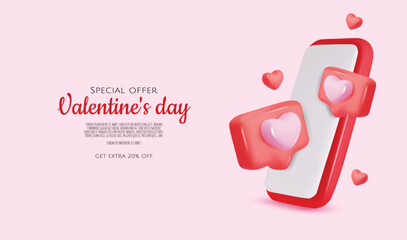 Valentine s day background. 3D valentine illustration with hearts, bubble chat, and smartphone.